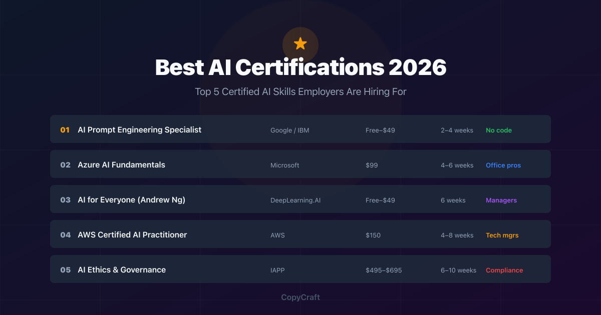 Top AI certifications comparison including Prompt Engineering Specialist, Azure AI, AI for Everyone, AWS AI Practitioner and AI Ethics Governance